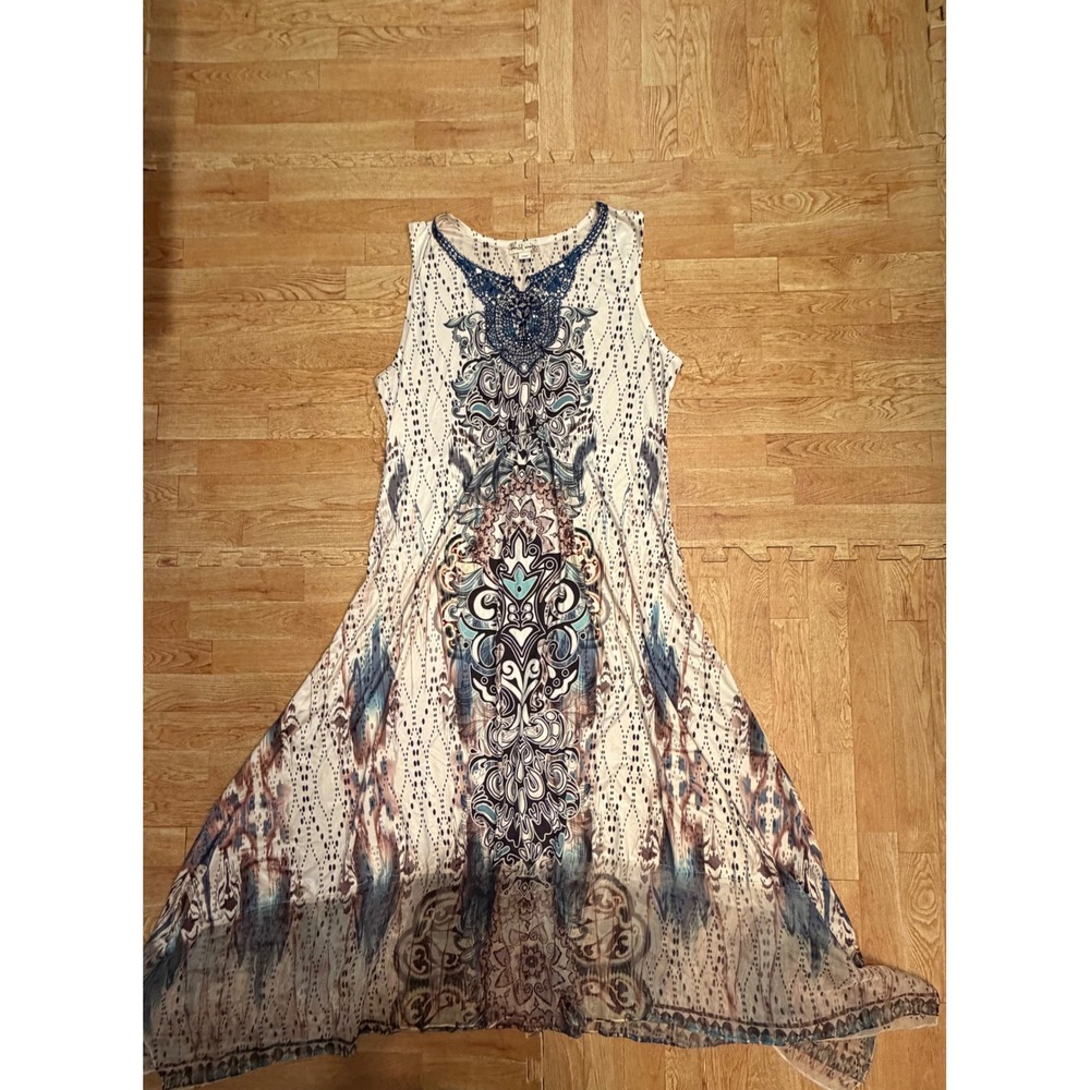 World Unity Women Sleeveless Boho Paisley Medallion Midi Dress Blue Cream Large